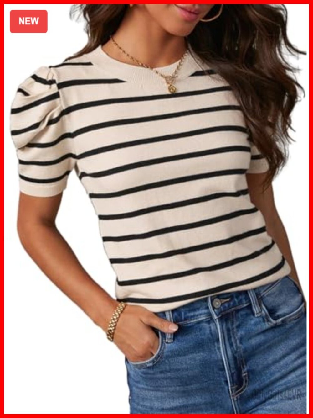 Womens Short Puff Sleeve Striped Lightweight Knit Pullover Sweater Summer Top